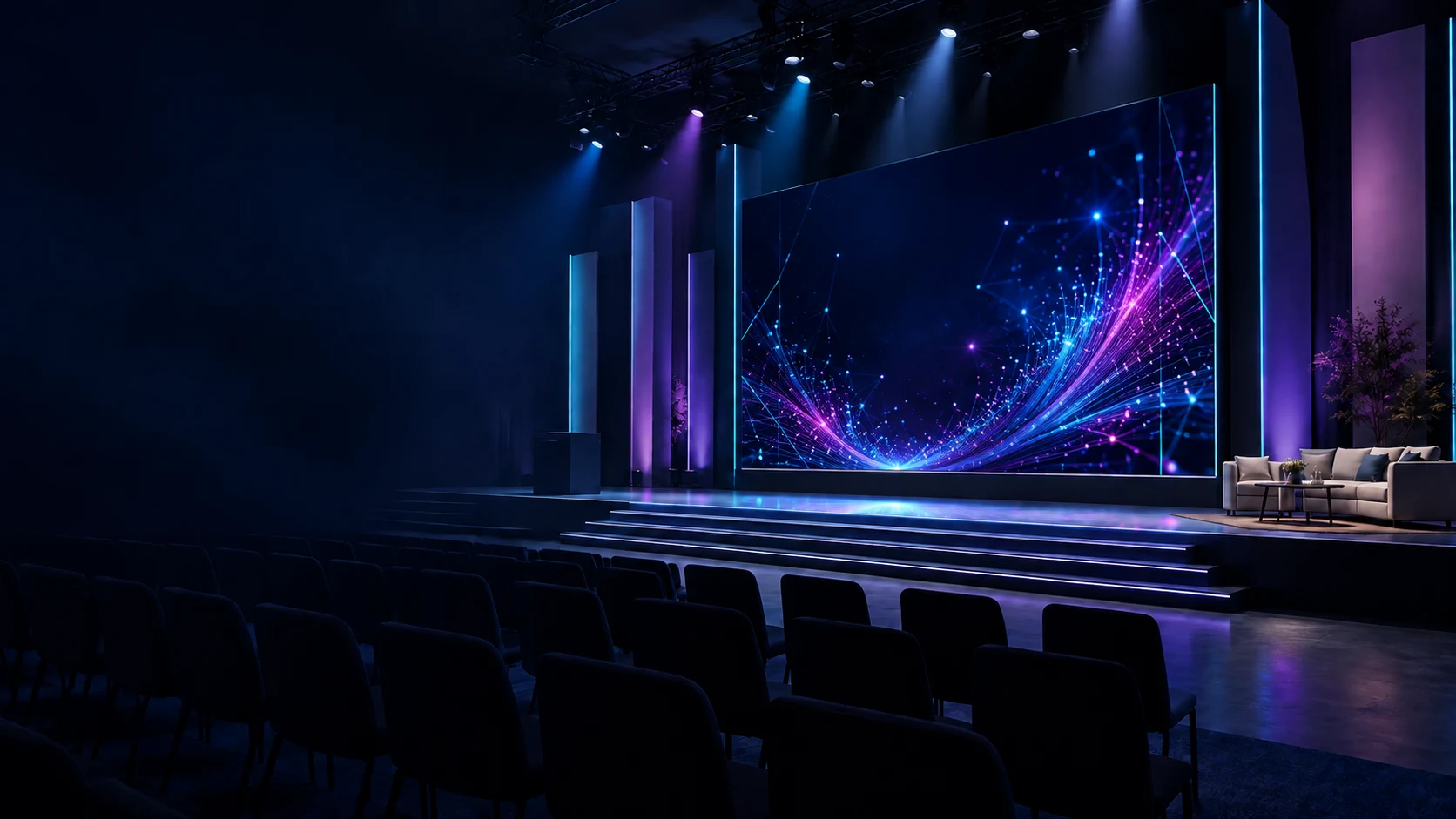 Escena conceptual de una escenografía corporativa con pantalla de destellos y conexiones luminosas cian y magenta